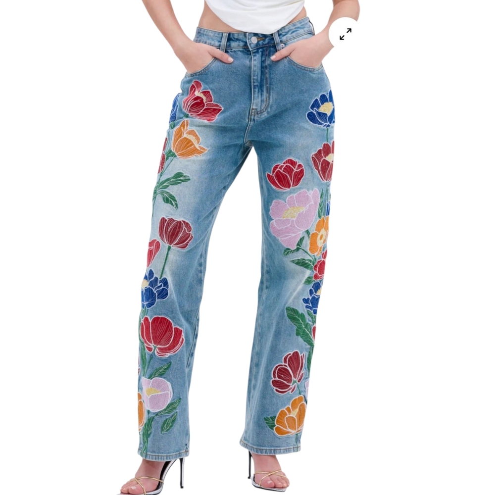 New! AKIRA Blue Jeans with Colorful Floral Embroidery - Picture 2 of 8